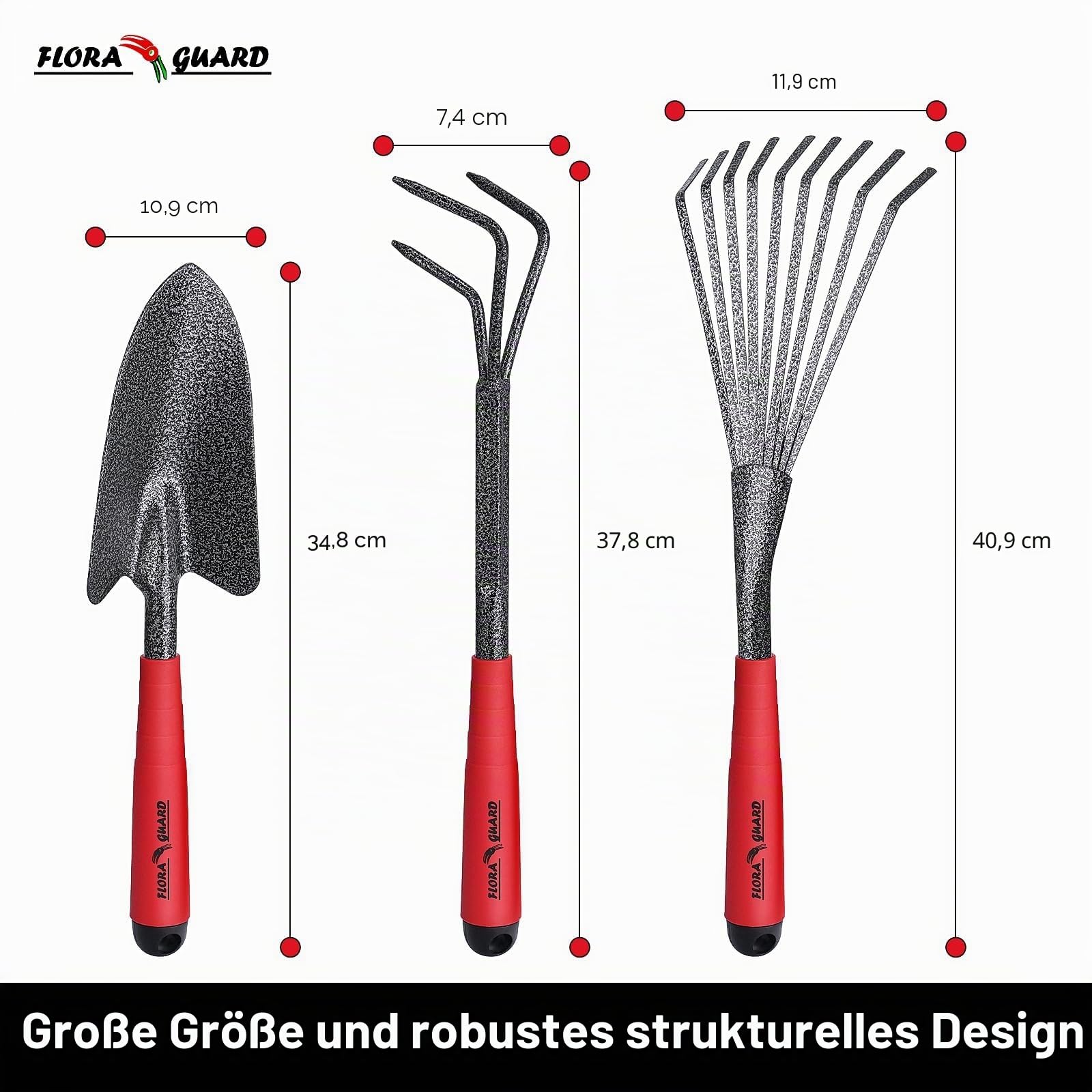 FLORA GUARD 6-teiliges Gartenwerkzeug Set, Gartengeräte Set mit Unkrautstecher, Kelle, Handrechen, Hacke & Kultivator aus Kohlenstoffstahl, Garten Handwerkzeug Set für Pflanzenpflege und Bodenarbeit