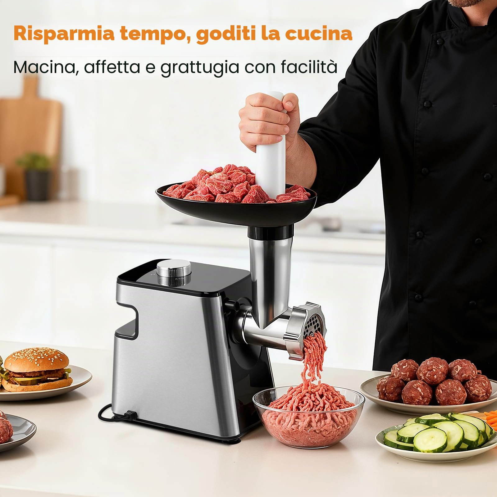 Tritacarne elettrico,insaccatrice per salsicce,tritacarne elettrico in acciaio inossidabile da 2800W max e tritatutto per verdure,3 piastre di macinatura,taglierina per verdure con 5 lame