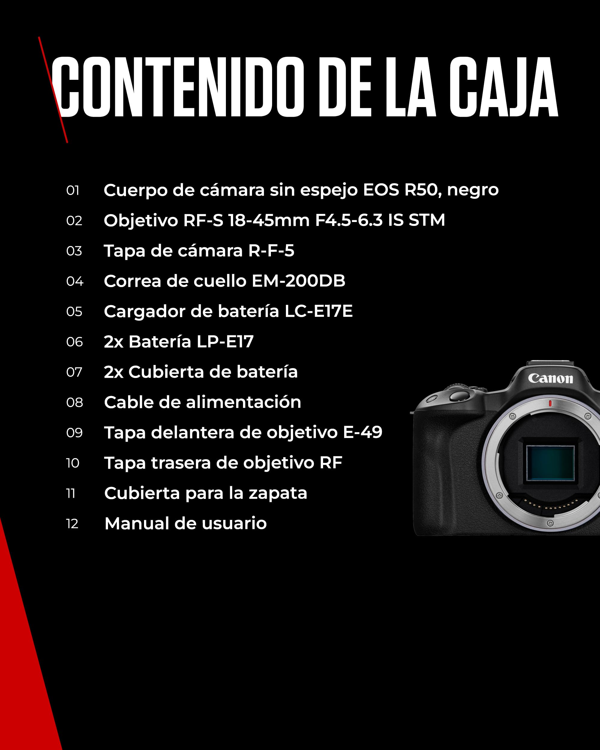 Canon EOS R50 Cuerpo Cámara Mirrorless + Objetivo RF-S 18-45 mm F4.5-6.3 IS STM + 2X Baterías (Kit de Batería Adicional), Cámara Evil APS-C (24,2 MP) -4 EV, Vídeo 4K 30 fps, Dual Pixel CMOS AF II