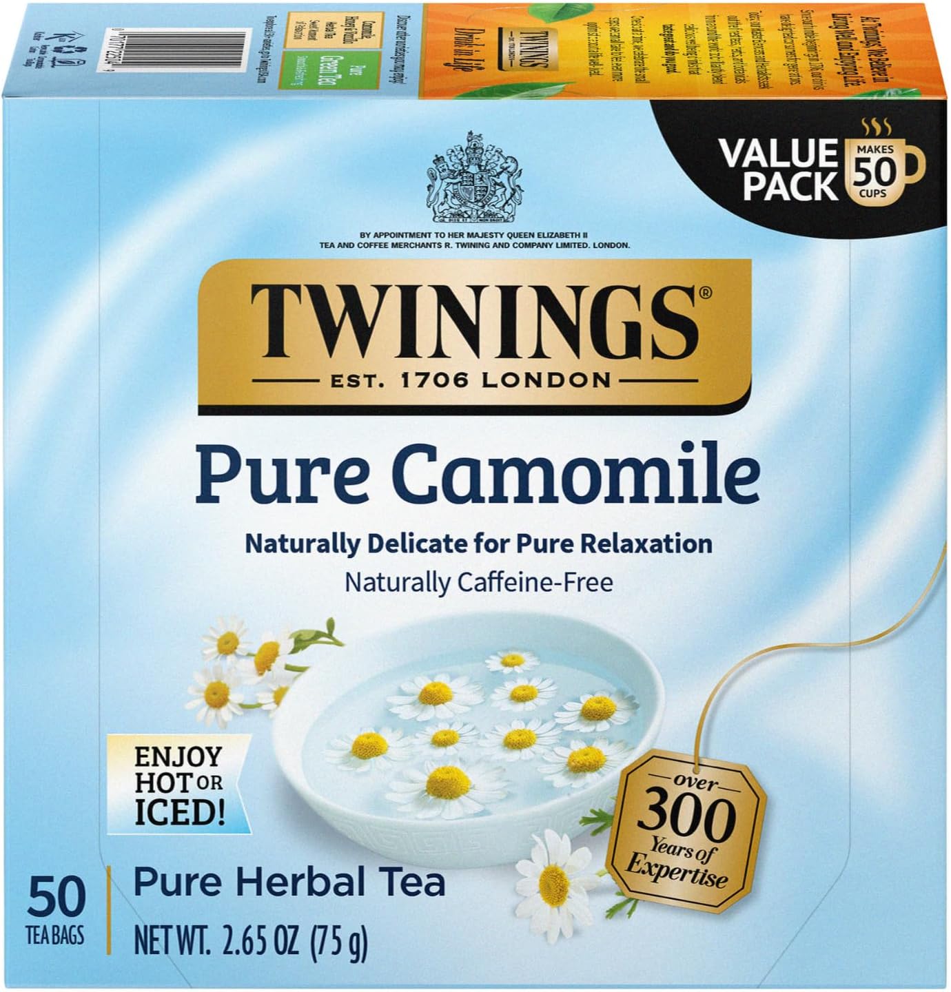 Pure Camomile Herbal Tea - Naturally Caffeine-Free Camomile Tea Bags Individually Wrapped, 50 Count Ea
