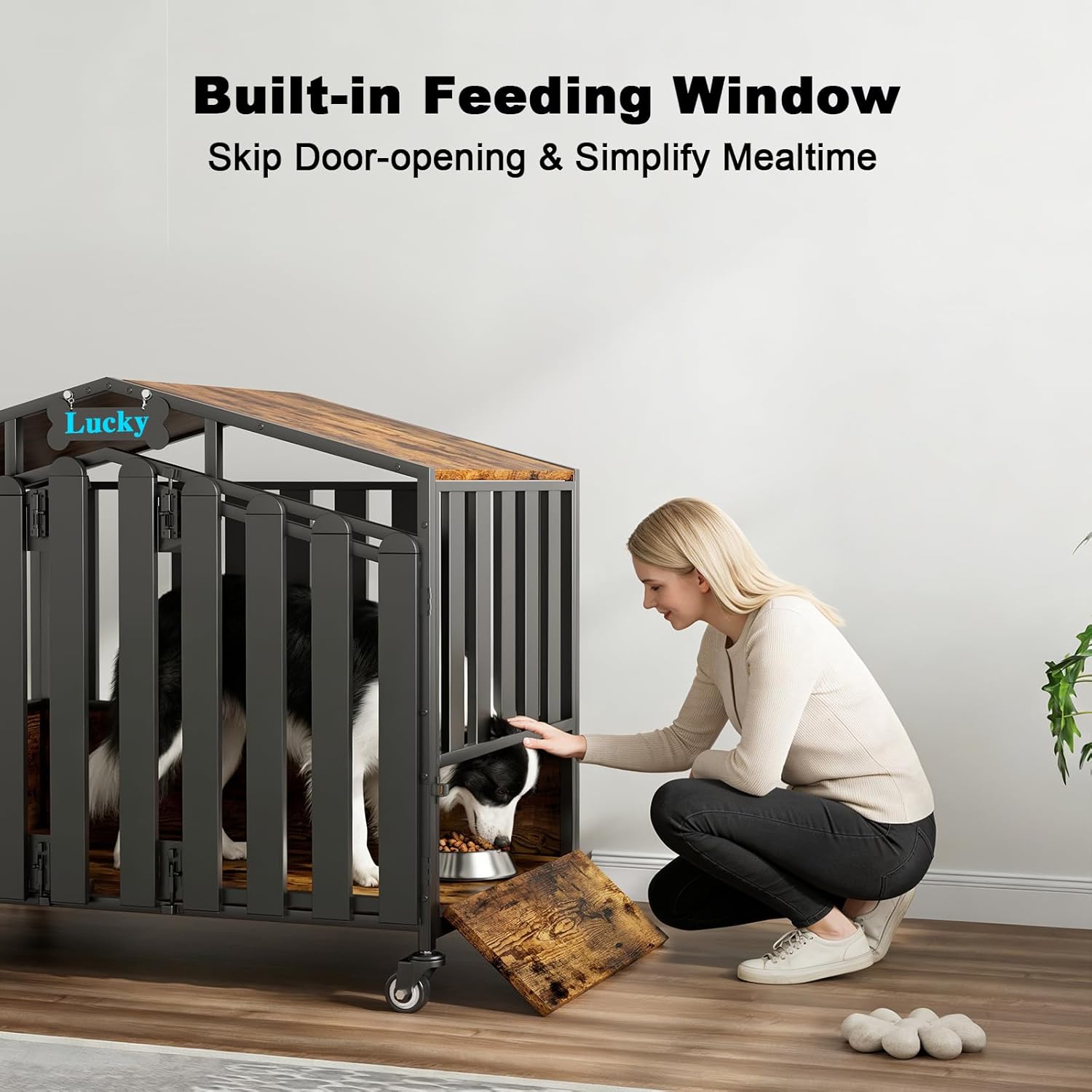 EasyCom 41“ XL Heavy Duty Dog Crate Furniture, Dogs Kennel Indoor with 360° Wheels, Dog Crates for Medium Dogs(35-60lb), Wooden Dog Cage with Feeding Window and Name Tag, Dog House, Rustic Brown
