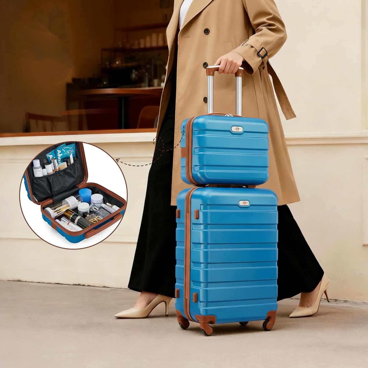 Suitour Carry On Luggage Set 22x14x9 Airline Approved Luggage Sets 4 Piece, ABS Hardside 20inch Suitcase with 360°Spinner Wheels Lightweight Travel Suitcase Sets(Sky Blue Tan)