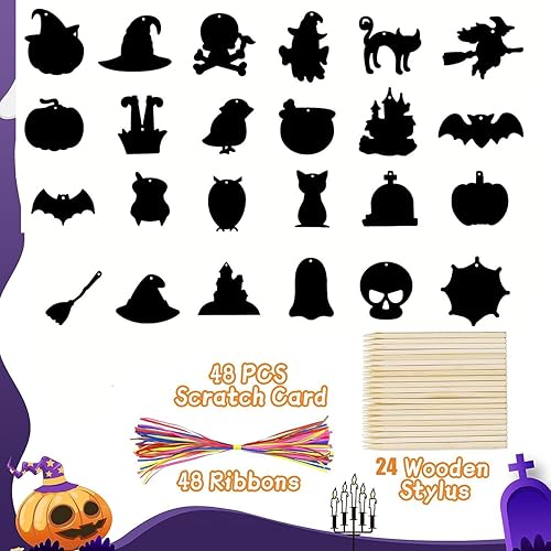 Miniatura 2 de Ruhapu Arte de papel para rascar, manualidades de Halloween para niños, 24 estilos, 48 piezas, juego de arte de arco iris, papel para rascar para