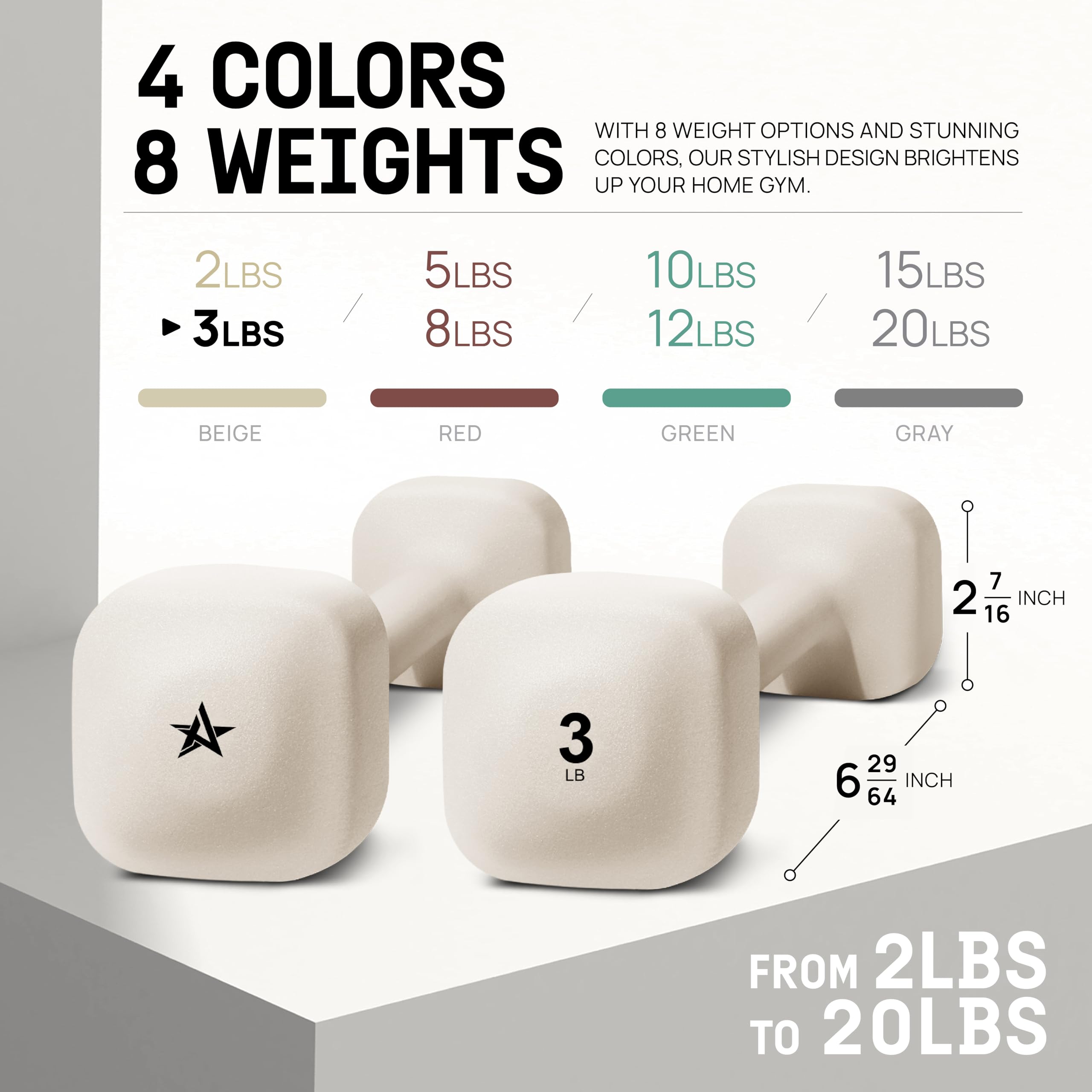 Yes4All Square Neoprene Dumbbell Set for Women/Men, Workout Hand Weight Dumbbells Set of 2, 2lb - 20lb with 4 Colors, Anti-Roll, Anti-Slip Exercise Dumbbells Weights for Home Gym, 3lbs - Beige - Pair