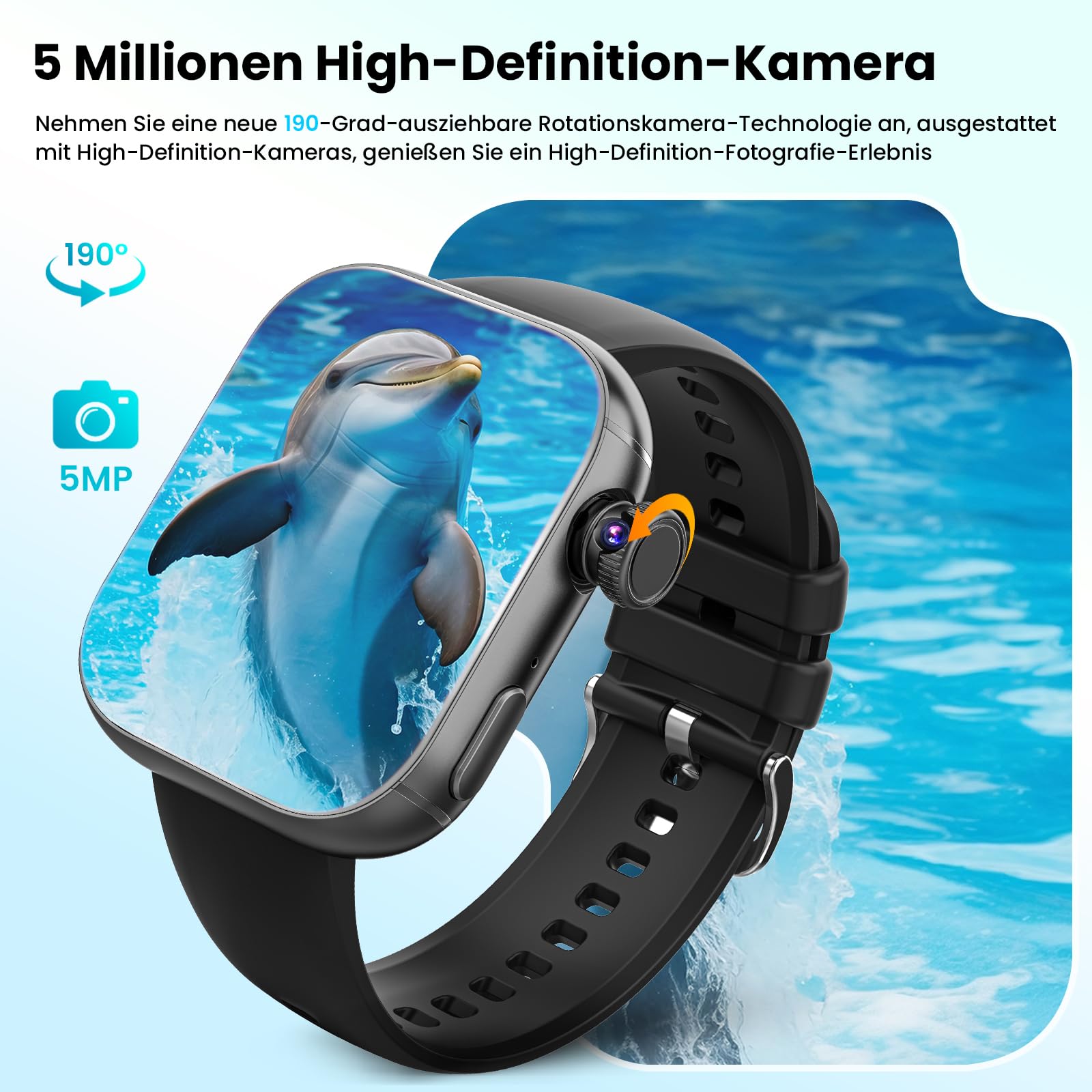 4G Smartwatch mit Telefon 2.1" AMOLED Touch Großbildschirm Smart Watch für Herren Damen Fitness 1020mAh GPS Tracker SIM Slot Drehende Kamera Herzfrequenz Monitor SOS Anruf Sportuhren 3GB+32GB Schwarz