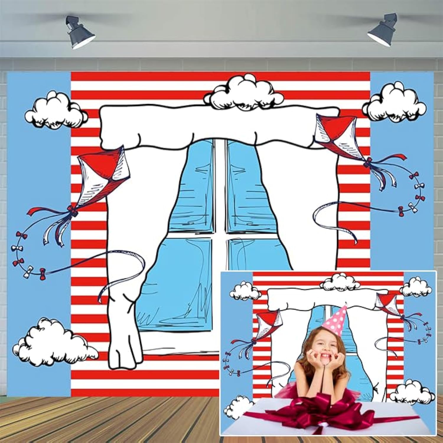 CYLYH 7X5FT Cartoon Window Backdrops Kids Birthday Party Background Blue Red Kite Striped Kids Baby Shower Party Backdrop Boys Girls 1st Birthday