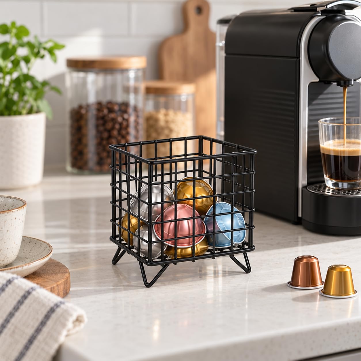 Coffee Pod Holder for Countertop, K Cup Organizer Storage Basket, Large Capacity Coffee Capsule Holder with Sturdy Metal Wire Design for Kitchen, Coffee Bar and Office, Black