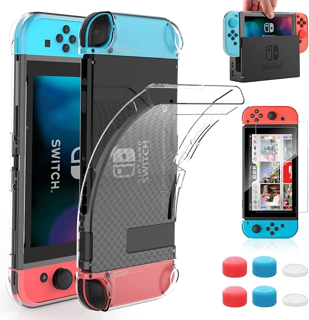 HEYSTOP Case Compatible with Nintendo Switch Dockable, Protective Case Cover Compatible with Nintendo Switch and Joy-Con Controller with Switch Tempered Glass Screen Protector and Thumb Stick Caps