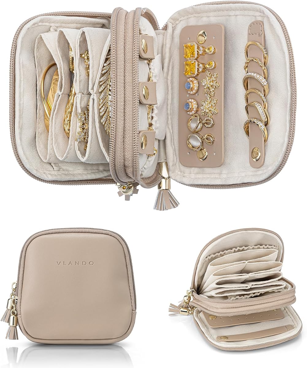 Joyero de viaje de 2 capas para collares, anillos y aretes | Almacenamiento con forro de terciopelo, Mantiene las joyas pequeñas separadas para viajes, Bolsas de mano, Uso diario, Caramelo