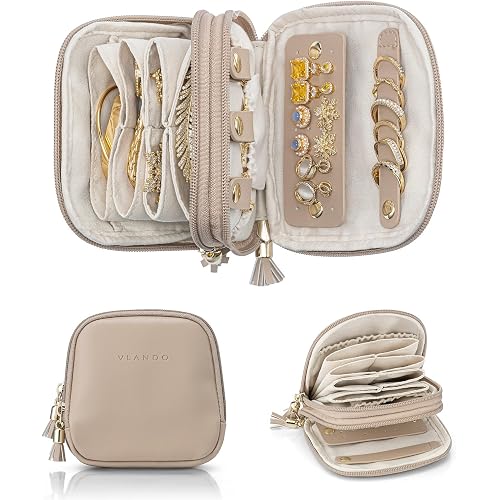VLANDO Travel Jewelry Case,2-Layer Jewelry Organizer,Gifts for Women Bride,Travel Essentials,Multi-Compartment Jewelry Storage for Rings Earrings Necklaces Bracelets - Toffee