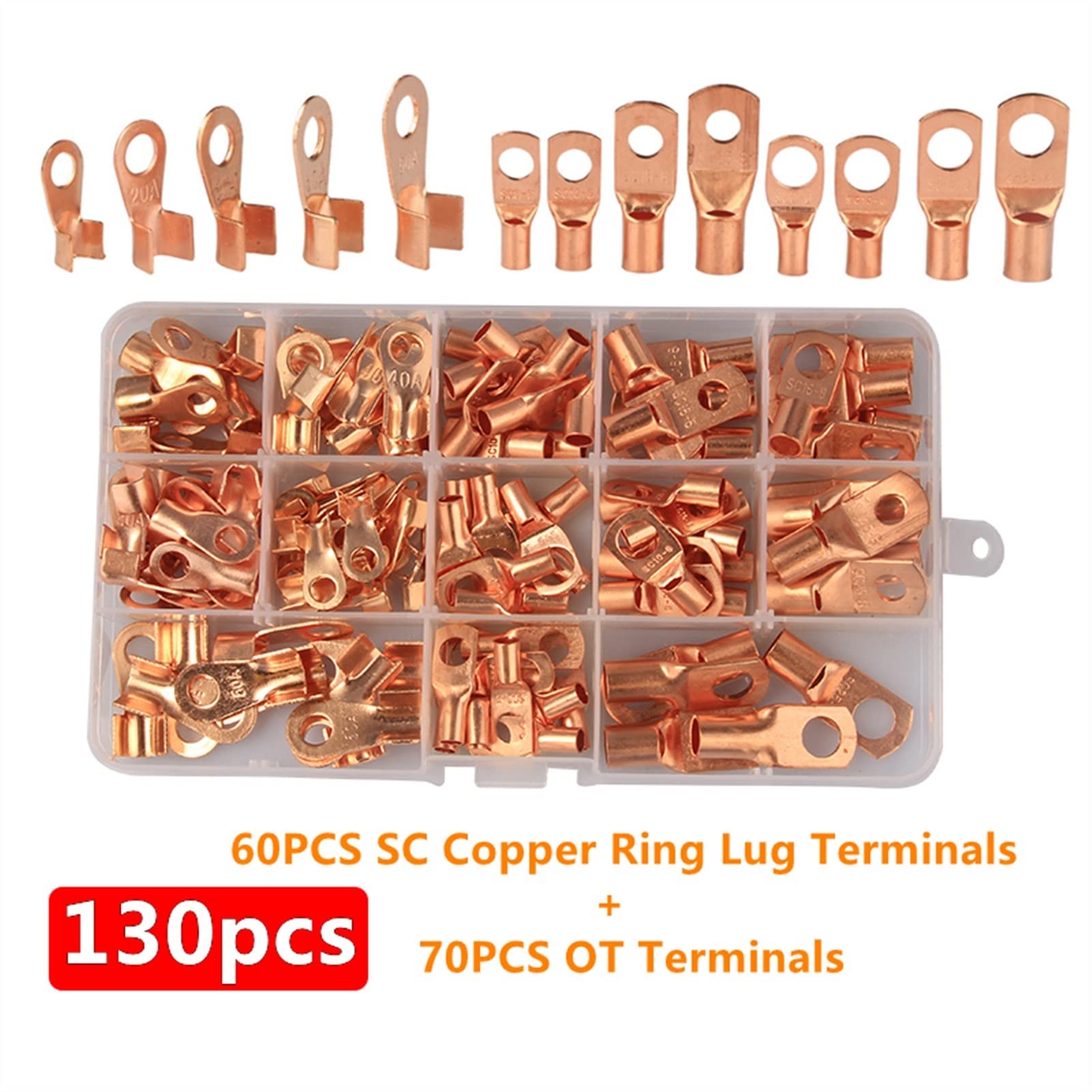 Ringterminals 13 0pcs Sortiment SC Kupferring Open Lug Terminals Ot Draht nackte Batterie Elektrische Kabelkabelanschlüsse Kit -Autozubehör Accessoires