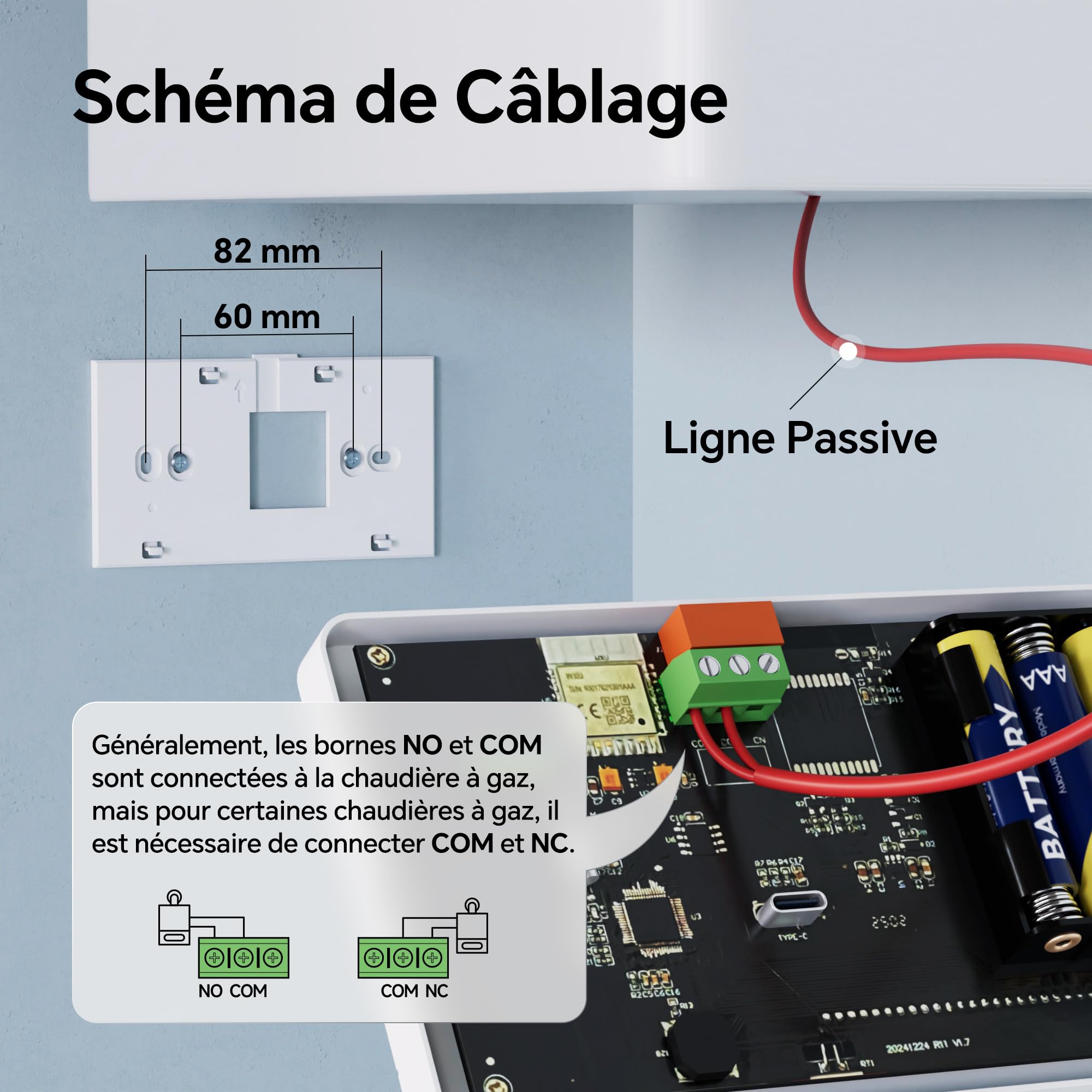 Thermostat WiFi pour Chaudière gaz 3A,Beok Thermostat Mural 2 Fils à Piles,Alimentation par Batterie ou USB,Programmable Compatible avec Alexa et Google Home, Commande Vocale et Contrôle à Distance