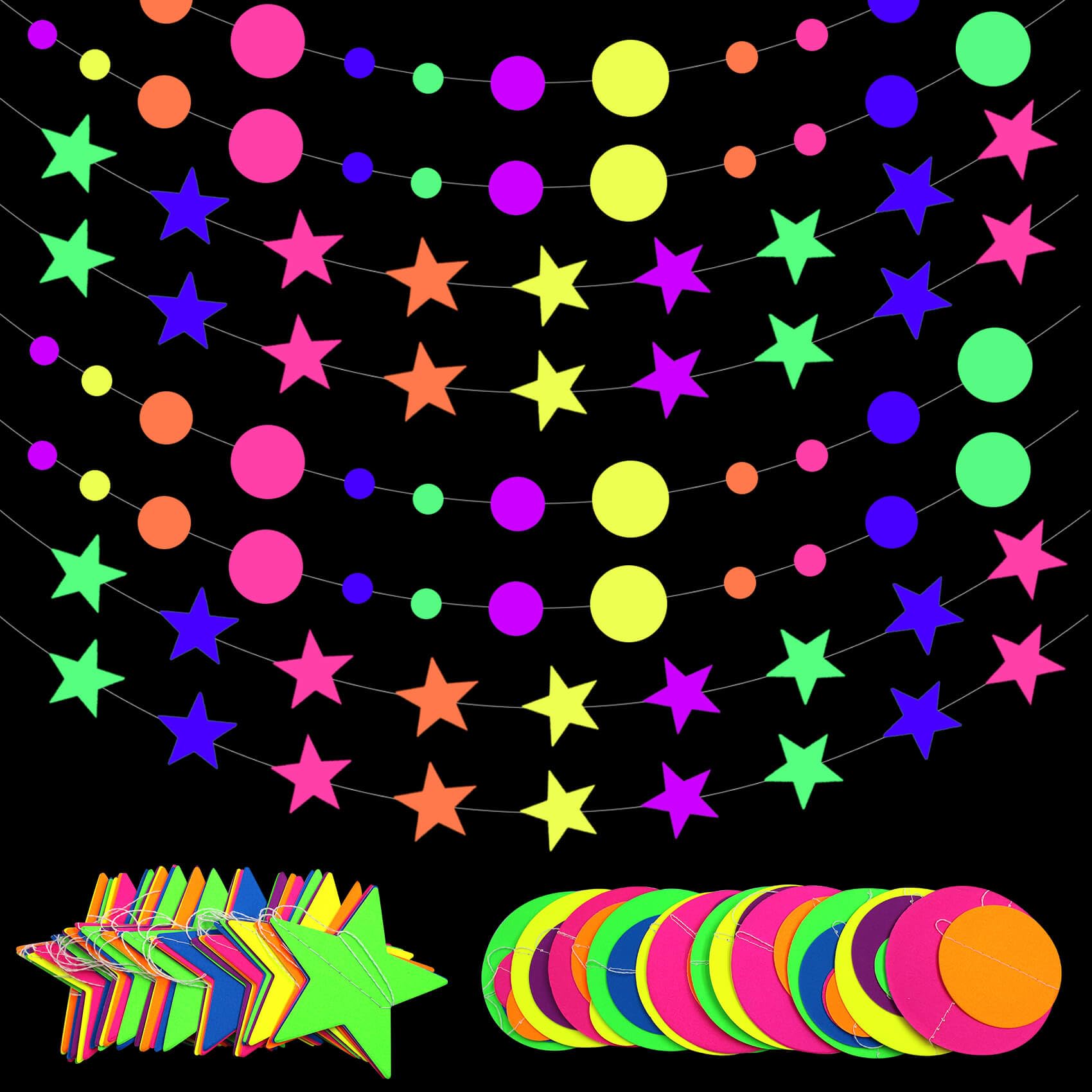 108feet UV Round Dot Star Kit Neon Paper Garland Glow in The Dark Party Favors Streamers Banner for Black Party Supplies UV Reactive Circle Dot Star Garland Wedding Birthday Glow Party Supplies…