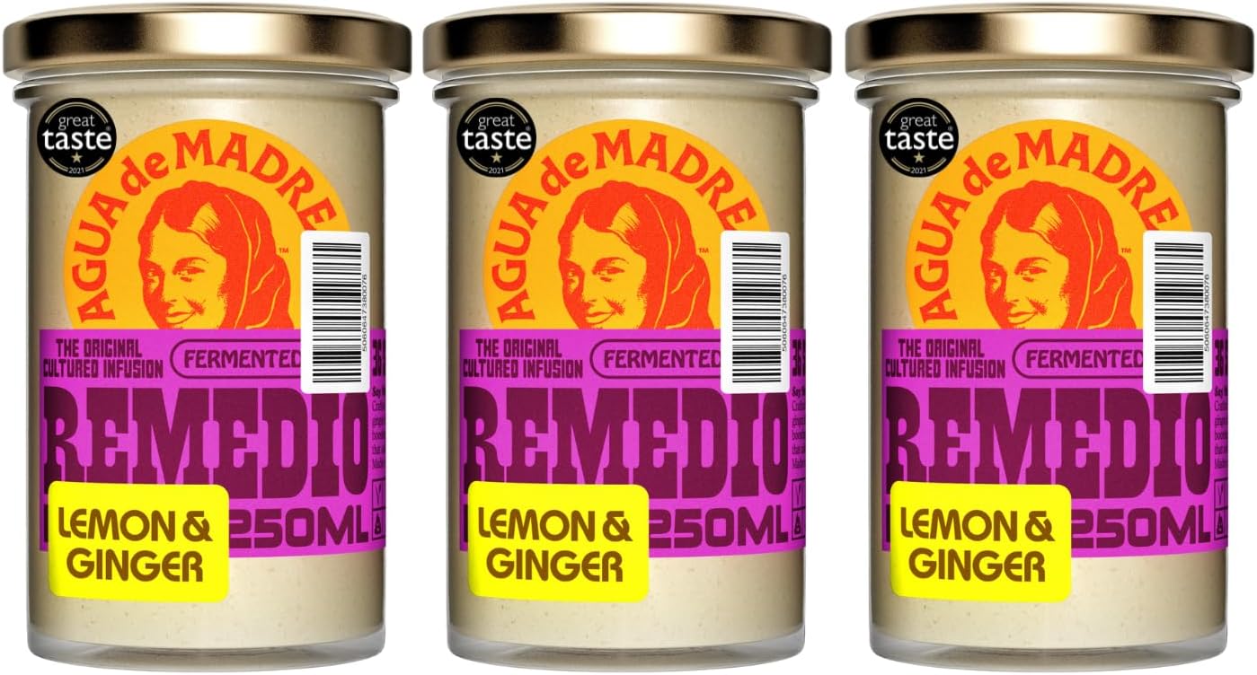 Agua de Madre Fresh Tea Infusion (Lemon & Ginger), Fermented Fruit Drink with Immune Supporting Vitamin C, Low Calorie, Vegan, No Artificial Sweeteners, Pack of 3