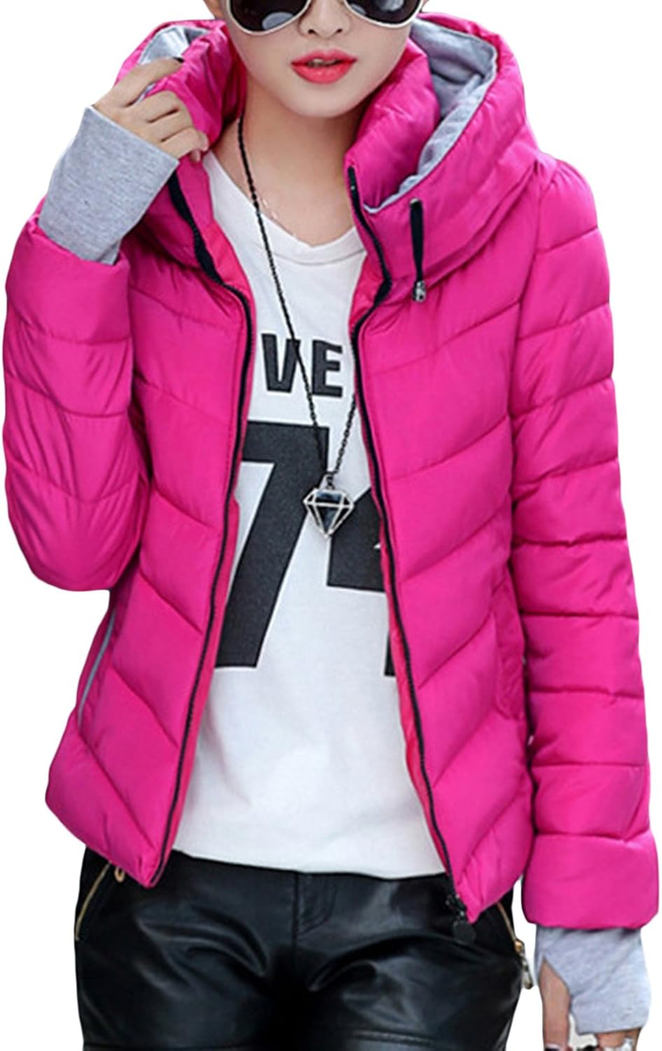 sandbank Women's Winter Parka Jacket Warm Hooded Cotton Quilted Puffer Down Coat Rose Red