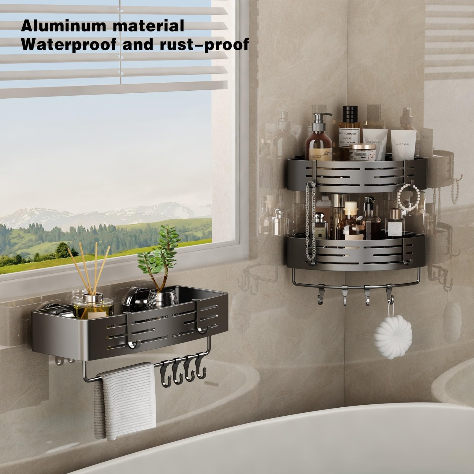 Voldra Mensola Doccia Ventose Senza Foratura, 2 Pezzi Porta Sapone Per Doccia Porta Bagnoschiuma da Doccia con Portasciugamani e Ganci Bagno Portaoggetti Shampoo Shower Shelf(Grigio)