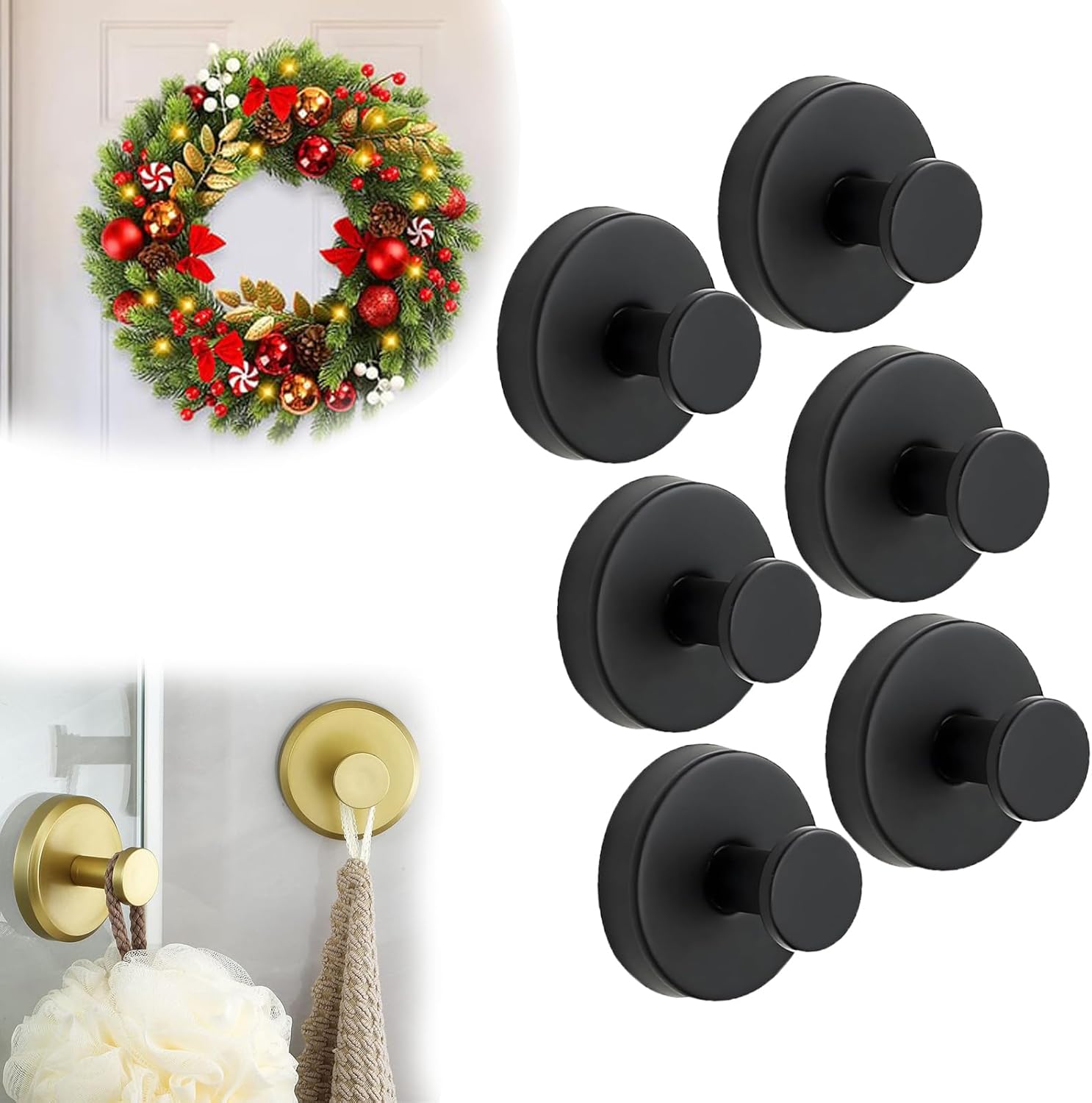 Suction Cup Hooks for Door Wreaths, 2025 Upgraded Suction Cup Hooks Multipurpose No Drill Heavy Duty for Shower, Hanging Towels, Bathroom, Shower Doors, Tile, Mirrors, Holiday Use (Black, 4Pcs)