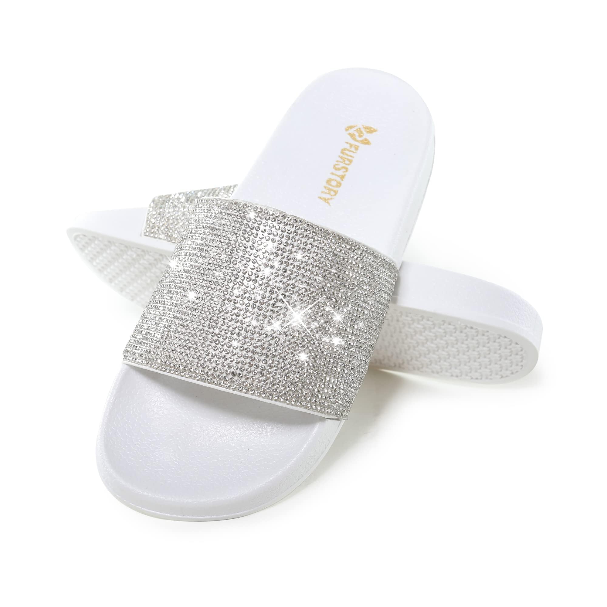 Fur Story Womens Slides House Slippers Rhinestone Glitter Slides Cute bling Flat for Women Platform Sandals Cozy Bedroom Slippers Shower Shoes