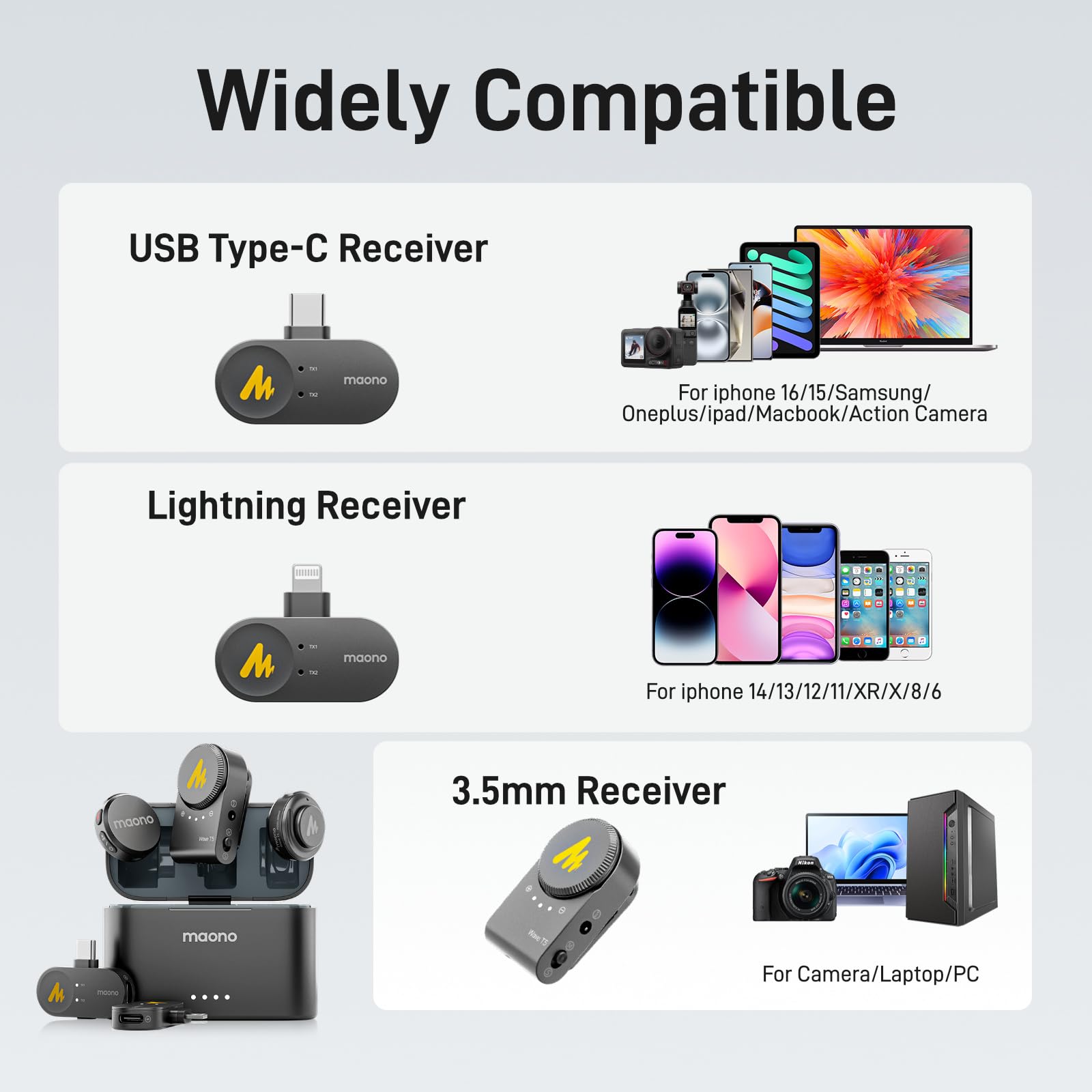 MAONO Wireless Lavalier Microphone for iPhone/Android/Camera/PC, Mini Lapel Mic with AI Noise Cancelling, 1000ft(300m) Range, Dual-Channel Record, for Video, Vlog, Streaming (2TX+3RX+Charging Case): USB-C/Lightning/Camera