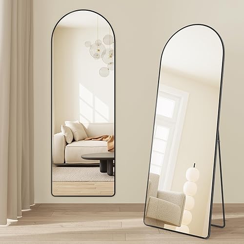 SONGMICS Full Length Mirror, Arched Full Body Floor Mirror with Stand, Aluminium Alloy Frame, Tempered Glass, for Bedroom, Living Room, Cloakroom, Rounded Corner, 160 x 50 cm, Matte Black LFM051BD01 - Matte Black - 160 x 50 cm