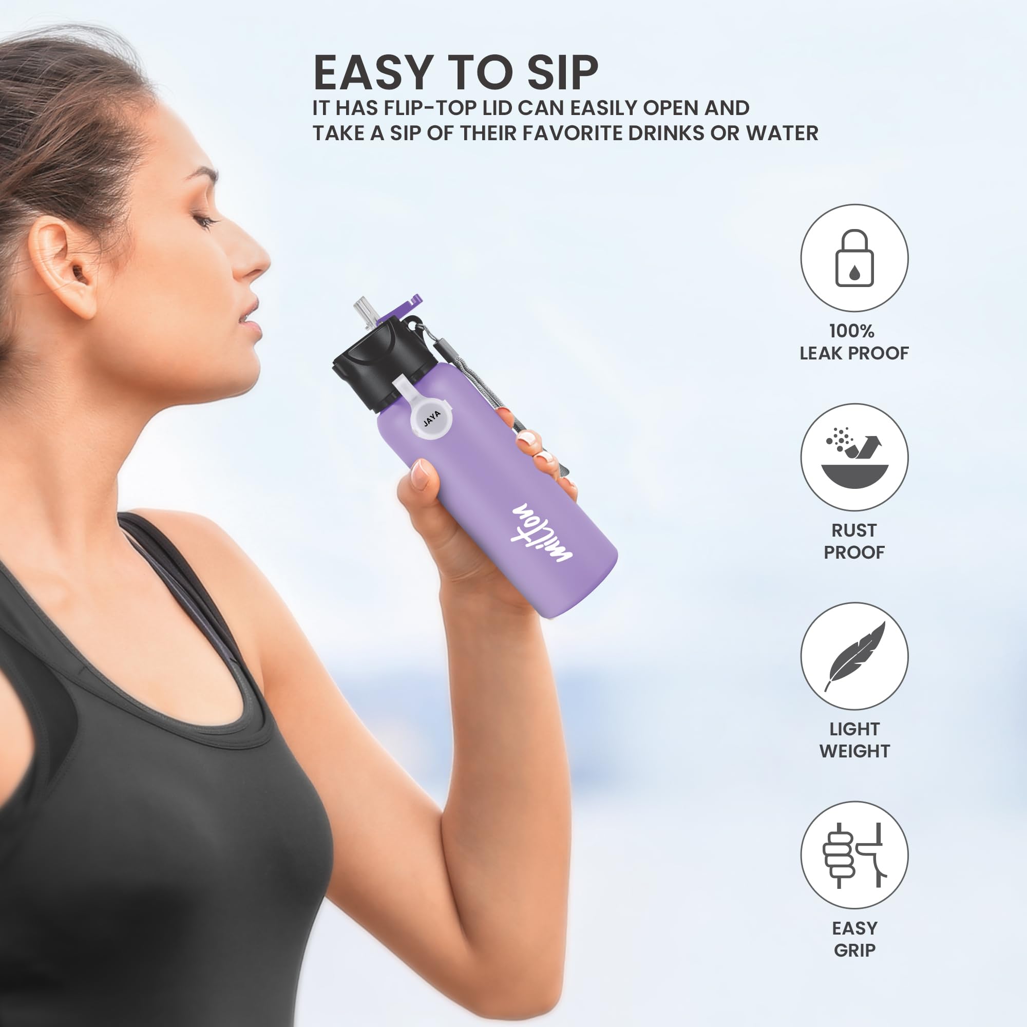 MILTON Sipstar 600 Stainless Steel Sipper Water Bottle 560 ml, Single Walled, ISI Certified I Leak Proof Lid, Rust Proof I for School, Office, Gym I Purple — Amazon image 2