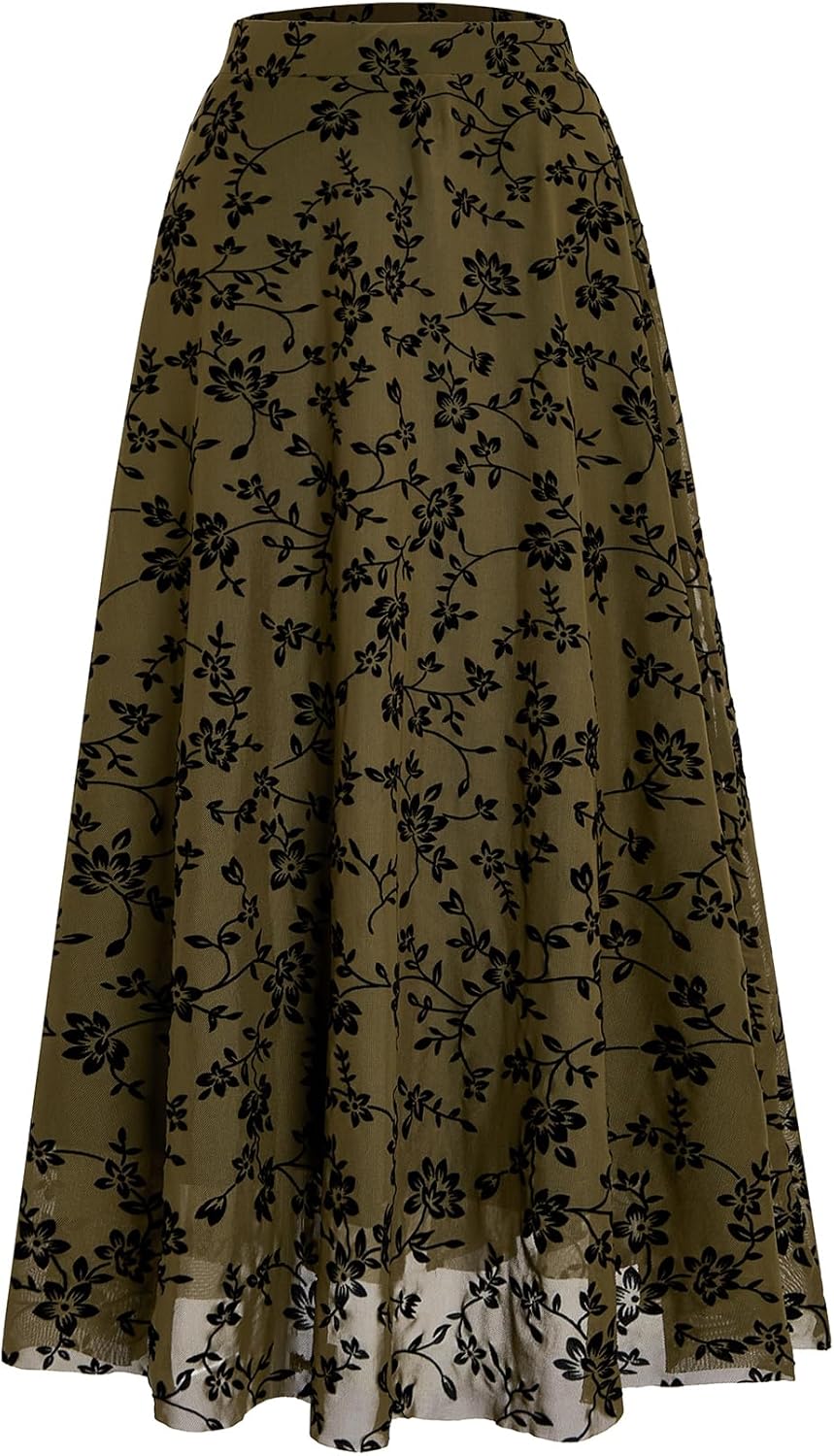 Verdusa Women's Long Maxi Skirts Y2k Gothic Flowy Ruffle Skirt Boho Floral Print Mesh Going Out Outfits