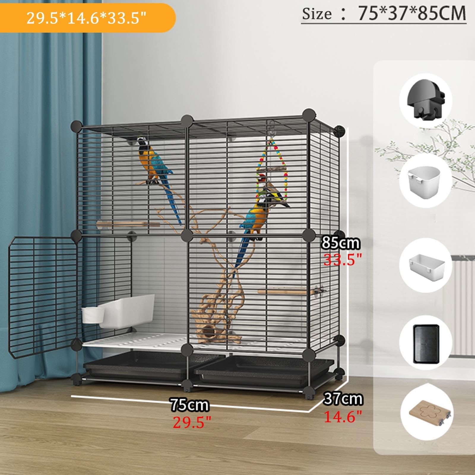 Jaula Grande para periquitos, Loros y cacatúas: diseño fácil de Mover con Bandeja, comedero y Plataforma. Ideal para agapornis y Palomas (75x75x119cm).