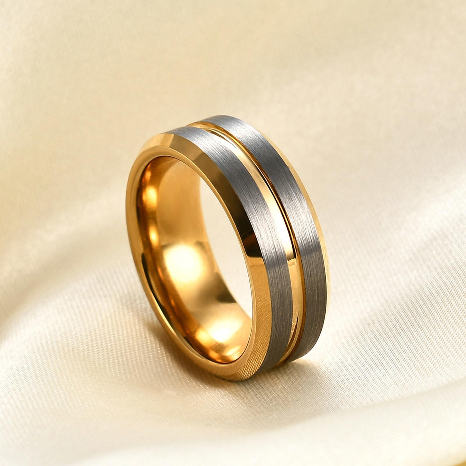 Anello in tungsteno oro e argento da uomo, 8 mm, spazzolato, con scanalatura, anello di fidanzamento