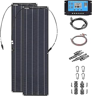 200W System Kit with Flexible Solar Panel & 40A Controller, Complete Power Solution with Extension Cables for RV, Boat, Cabin, Trailer Black-2piece
