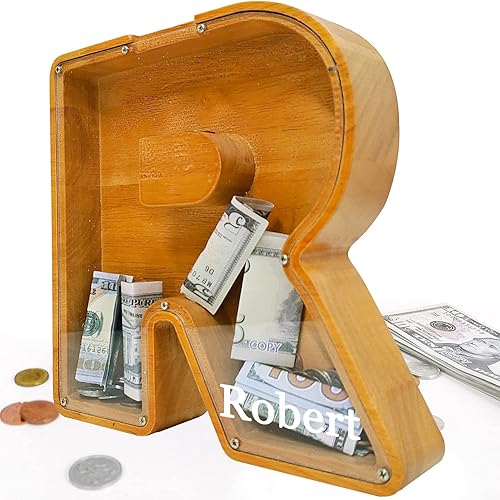 Alcancía de madera personalizada, (nombre grabado láser) tanque creativo de almacenamiento de letras del alfabeto inglés de veintiséis letras