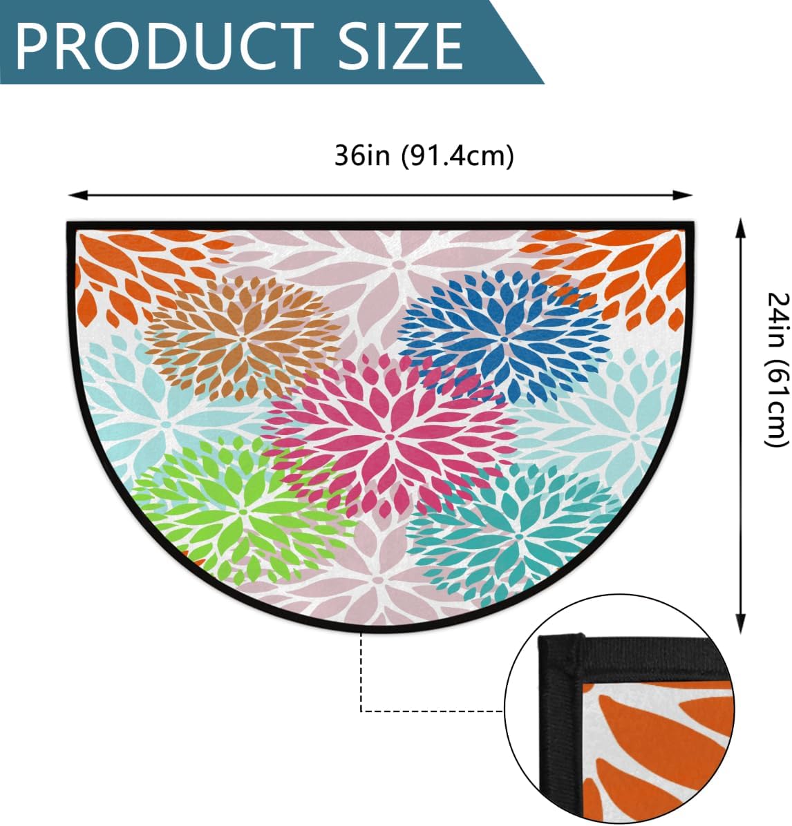 Half Round Door Mat Abstract Art Flower Semi Circle Area Rug Washable Half Moon Bathroom Rugs Entryway Rug for Indoor Outdoor Kitchen Hearth Fireplace Floor Welcome Carpet Low Profile