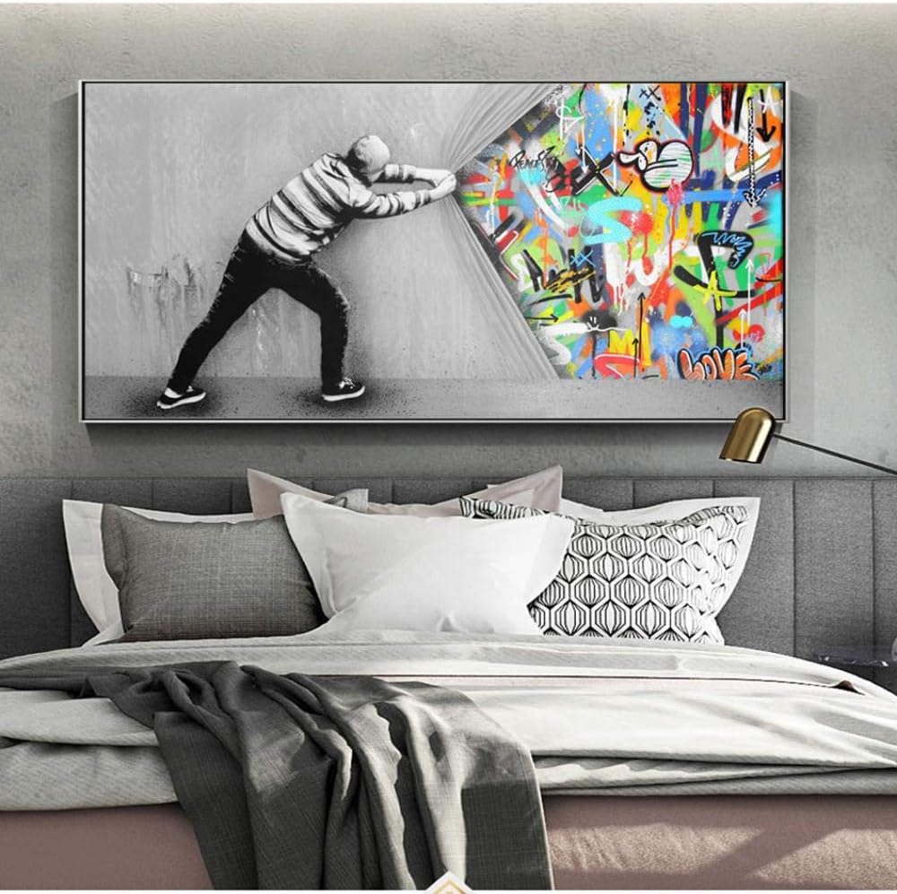 HSFFBHFBH Graffiti Art Wall Pictures Banksy Behind The Curtain Street Art Canvas Paintings On The Wall Posters And Prints Artwork 70x140cm(28"x55") Unframed
