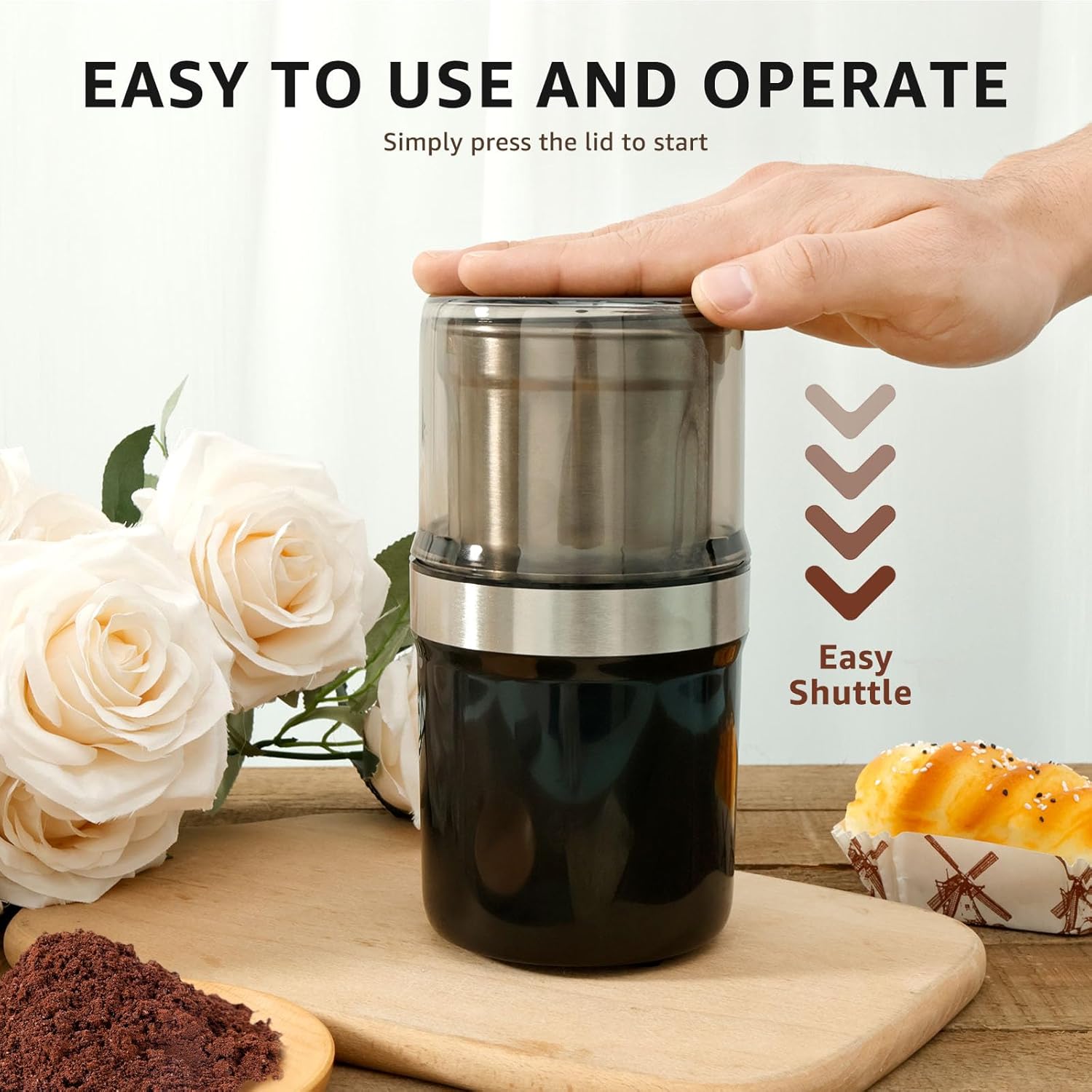Electric Coffee Grinder Compact Electric Spice Grinder with Removable Stainless Steel Bowl One Press Handling Electric Coffee Bean Grinder Practical Coffee Bean Mill for Home Kitchens US(black)