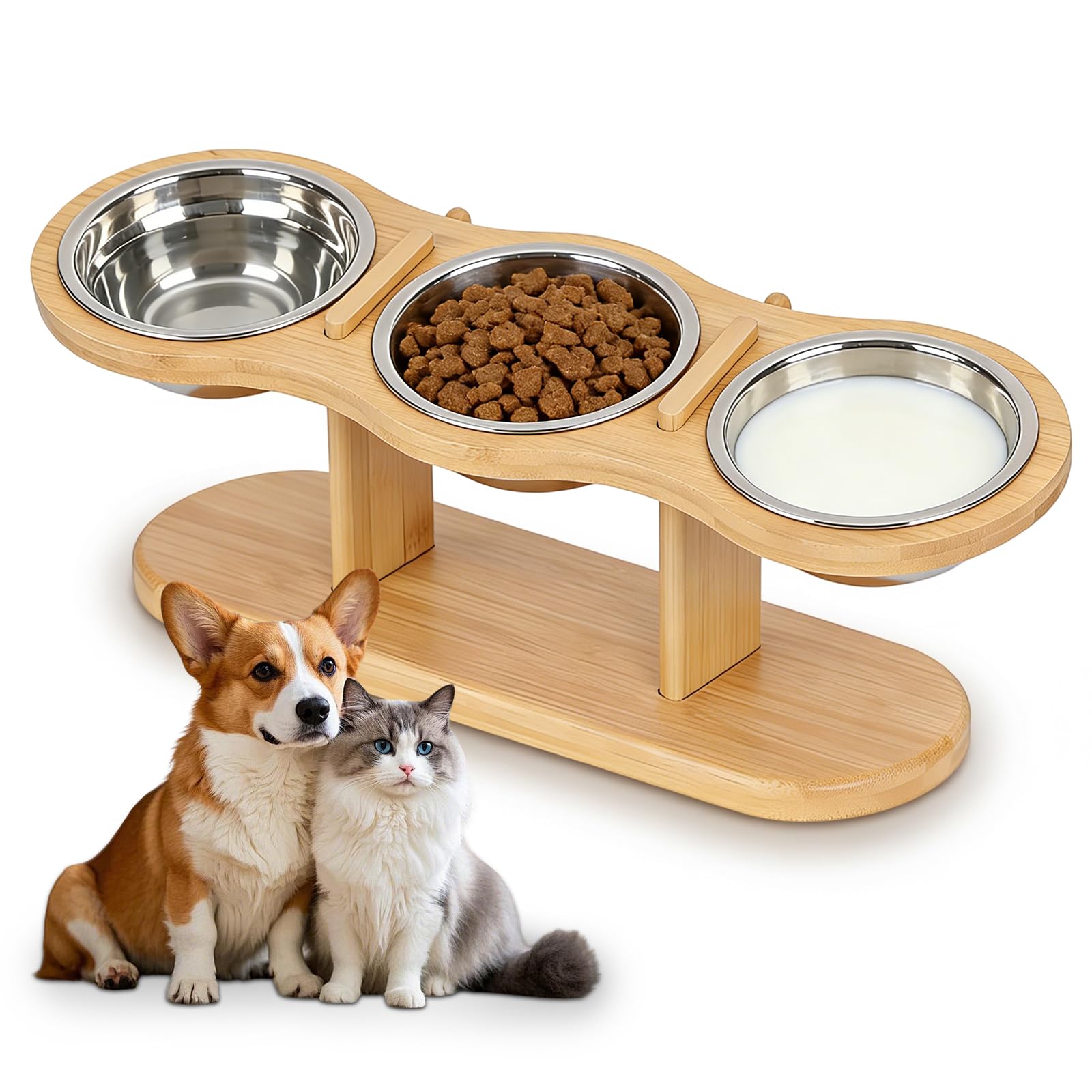 Gamelle Chat Surélevée avec 3 Bols en Acier Inoxydable, Support en Bois, Hauteur Réglable, Gamelle Surélevée pour Chat, Support Gamelle Chat,Gamelles pour Chats et Petits Chiens