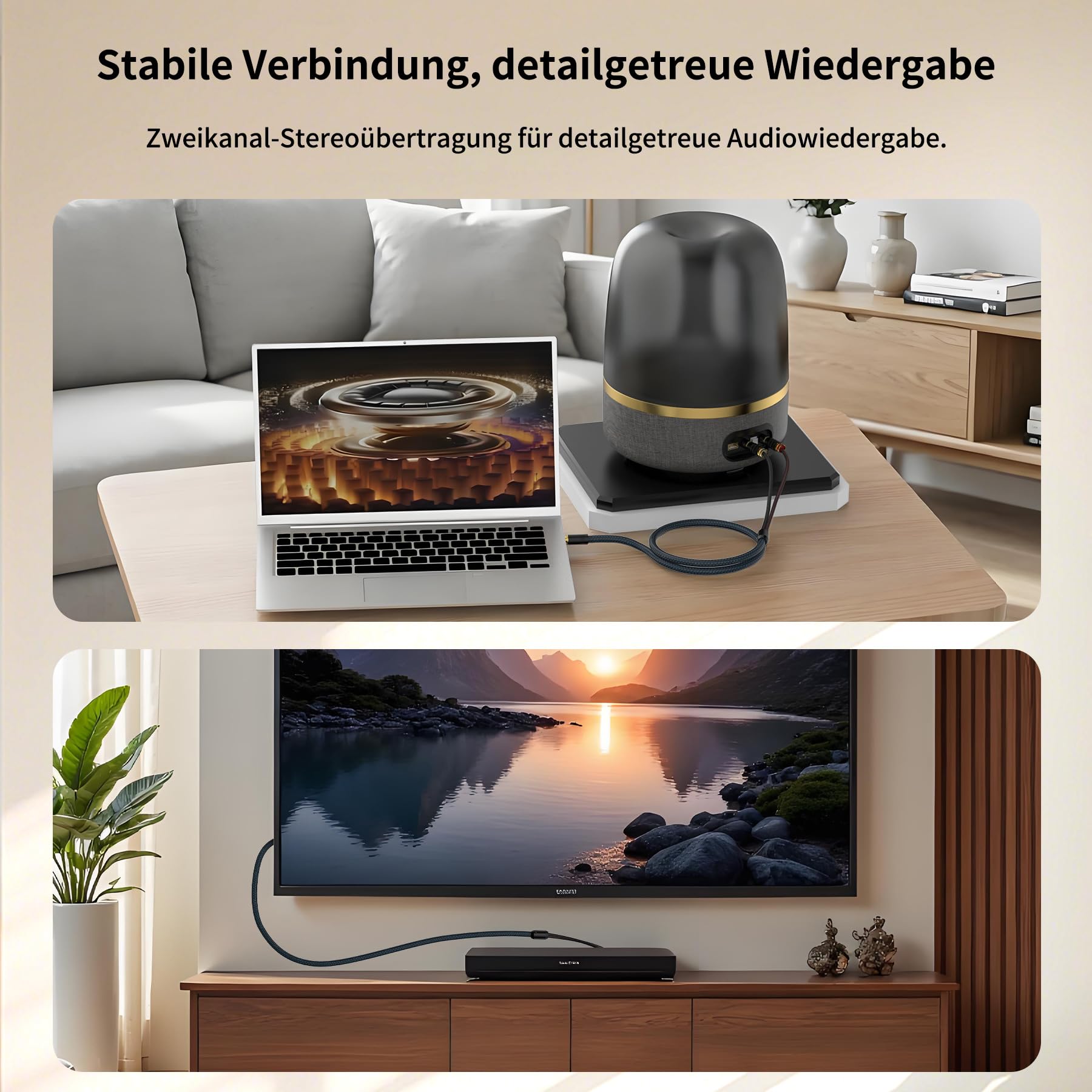 2m 3.5mm Klinke auf 2 x RCA Audio Kabel mit Metallgehäuse und 24k Vergoldetem Stecker für MP3, Tablet, Lautsprecher, HDTV