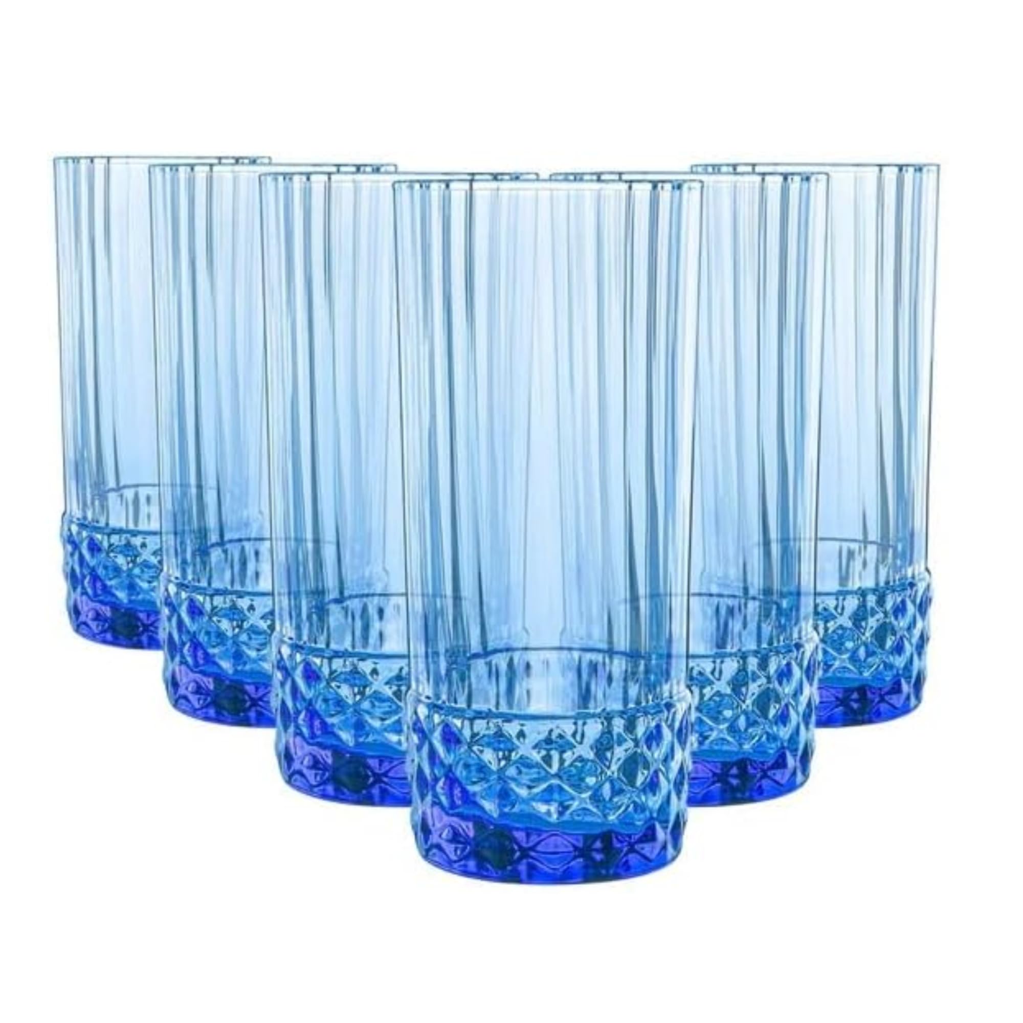America '20s Set Of 6 Cooler Glasses, 16.5 Oz. Colored Crystal Glass, Sapphire Blue, Made in Italy.