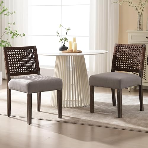 Miniatura 9 de Juego de 4 sillas de comedor estilo granja tapizadas de tela de lino, sillas de cocina y comedor modernas de mediados de siglo con respaldo de Parte