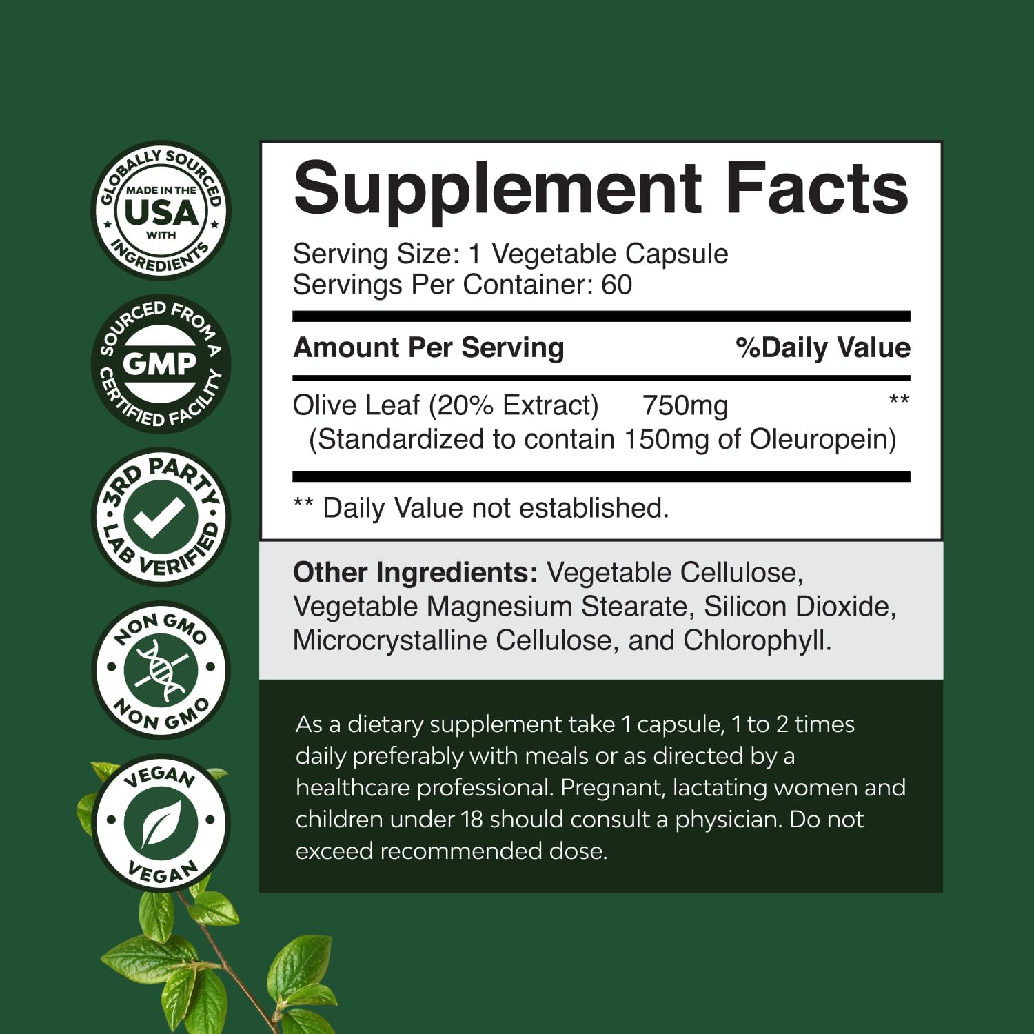 Potent Olive Leaf Extract Capsules - High Strength Antioxidant Supplement with Pure Olive Leaf with 20% Oleuropein - Herbal Heart Health Supplement - Vegan Non-GMO & Gluten Free - 60 Count image 3