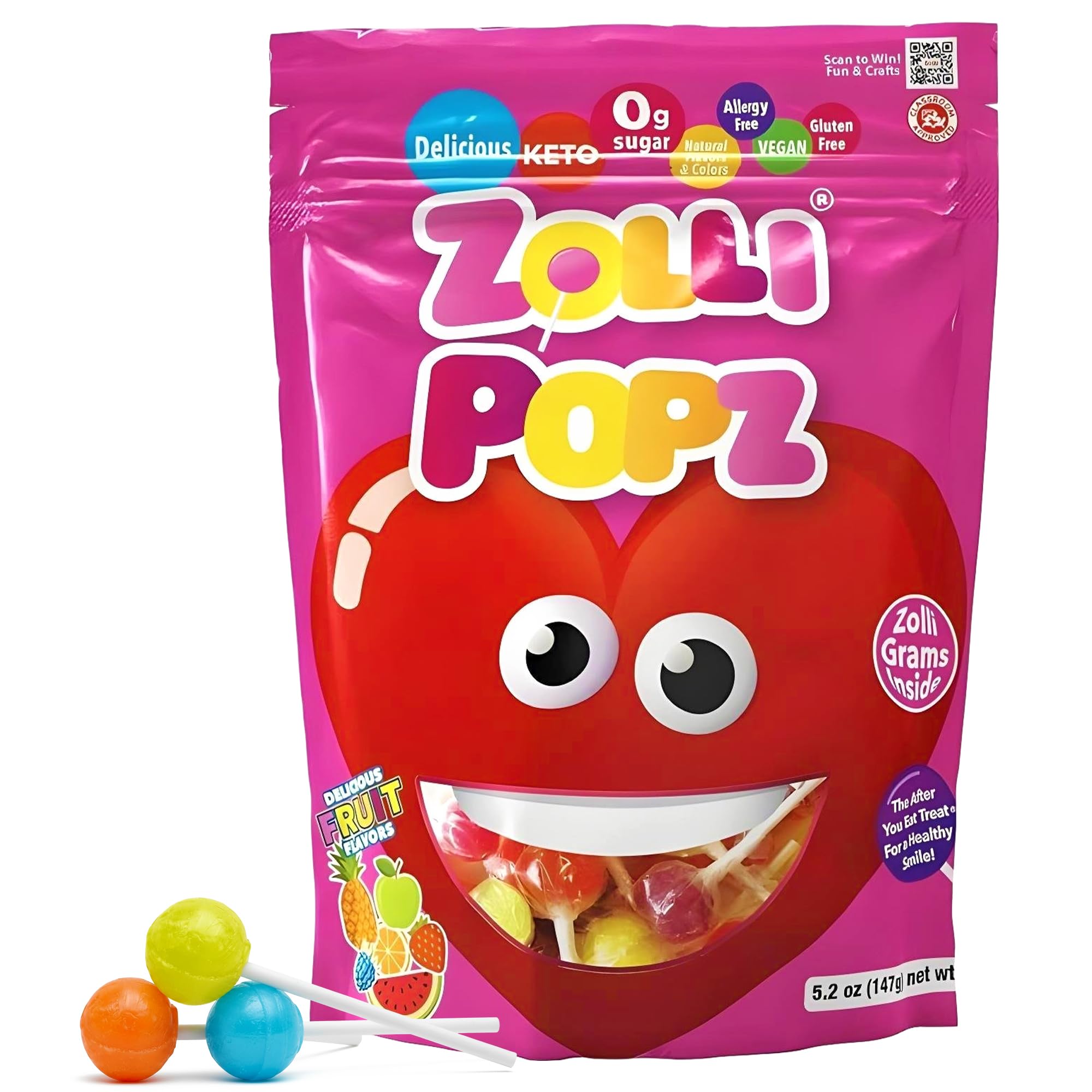 Zollipops - Valentines Pack - Clean Teeth Pops Sugar Free Candy with Xylitol, Dye-Free Lollipops - Keto & Diabetic-Friendly, Dentist-Approved Treats