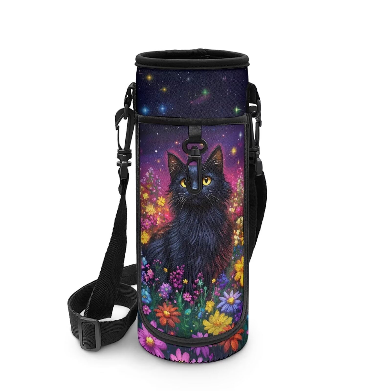 POLERO Black Cat Water Bottle Pouch for Girls Floral Water Bottle Holder with Strap Neoprene Sleeve Carrier for Walking