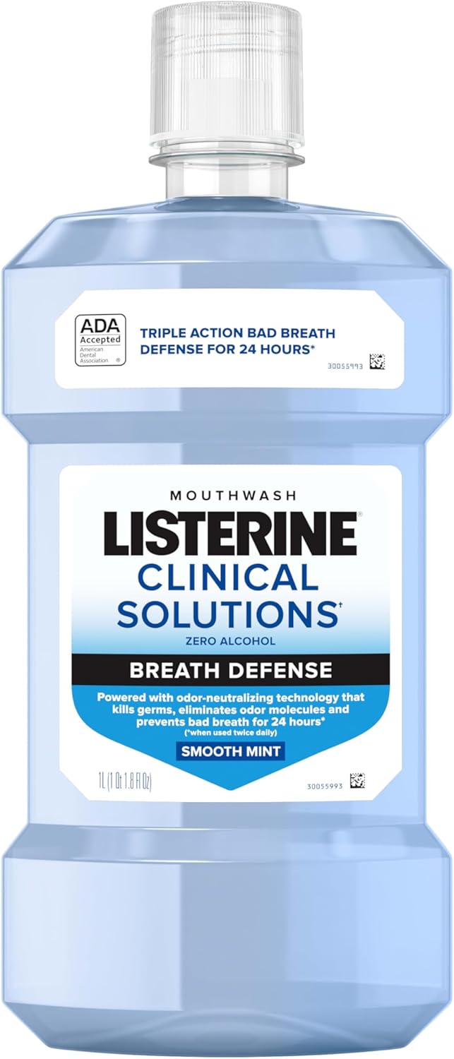 Listerine Clinical Solutions Breath Defense Alcohol Free Mouthwash, Oral Rinse with a Triple-Action Formula Fights Bad Breath for 24 Hours, Smooth Mint Flavor, 1 L
