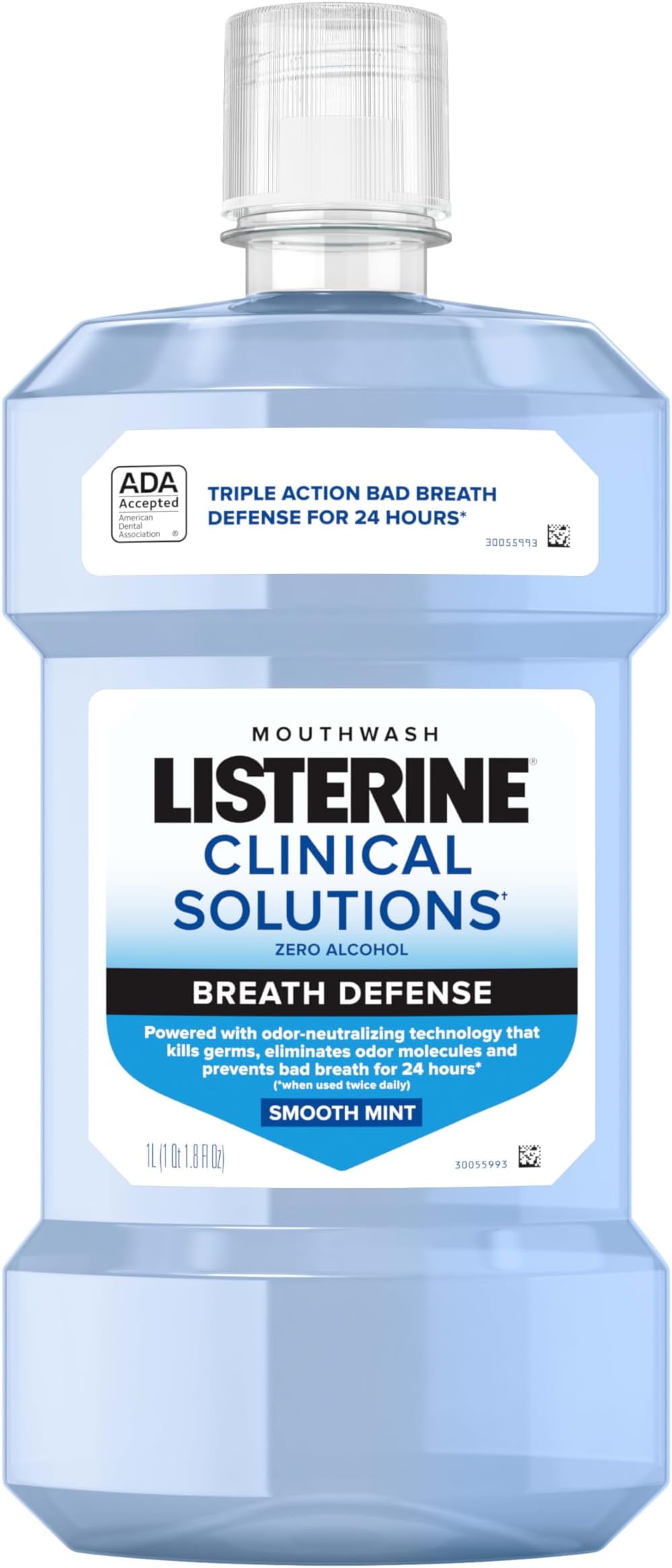 Clinical Solutions Breath Defense Alcohol Free Mouthwash, Oral Rinse with a Triple-Action Formula Fights Bad Breath for 24 Hours, Smooth Mint Flavor, 1 L