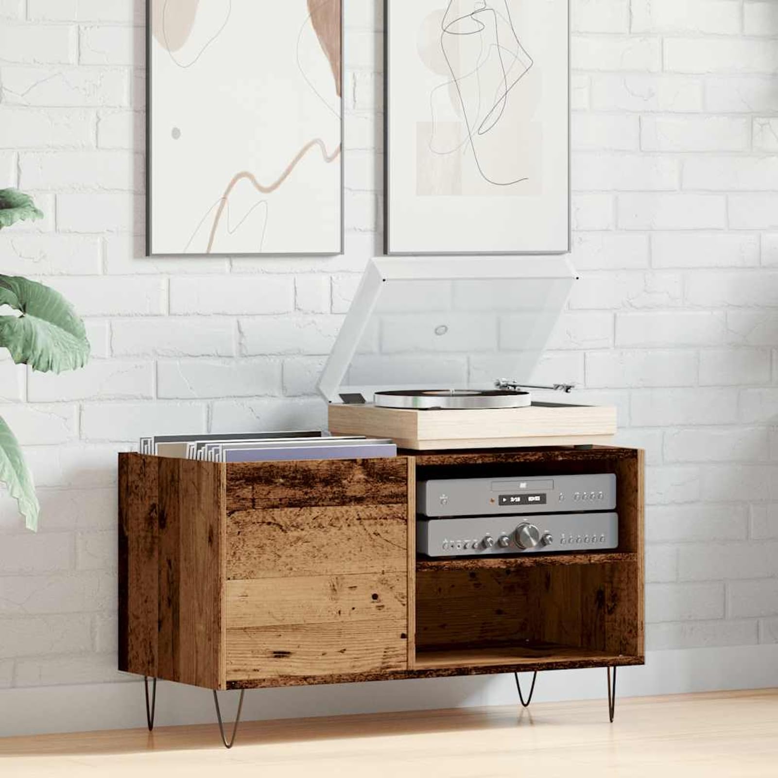 Armadio per dischi in vinile, altezza 84,5 cm, in legno con gambe in ferro effetto legno anticato, per collezioni in vinile