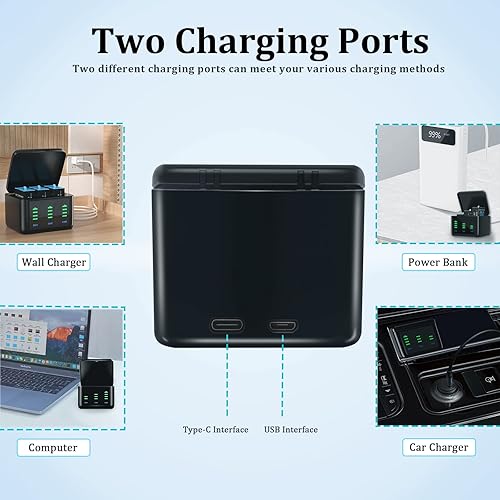 Miniatura 5 de Bonadget Paquete de 3 baterías de 2000 mAh y cargador de almacenamiento de 3 canales para Gopro Hero 109 con puerto de carga USB y tipo C compatible