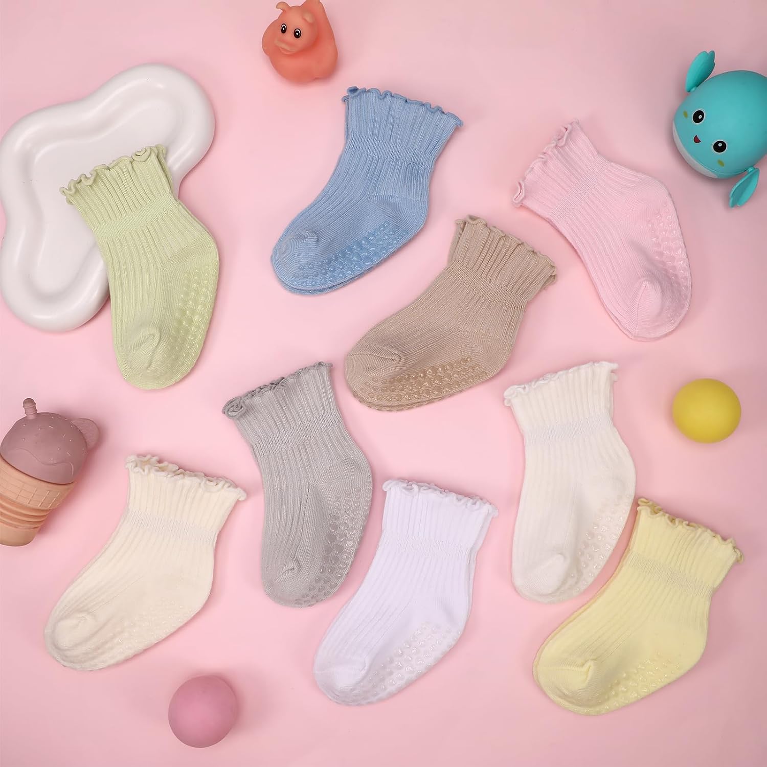 9 Pairs Toddler Ruffle Sock Non Slip Socks Baby Cotton with Anti-slip Dots Macaron Colors 1-3T Boys Girls