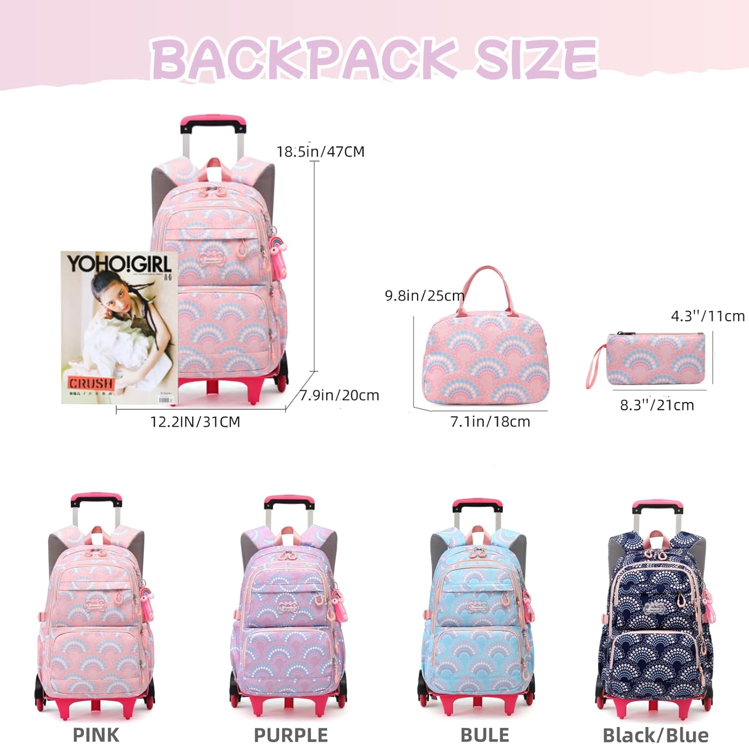 3Pcs Girls Rolling Backpack Kids Bookbag with Wheels Set Elementary Students Outdoors Trolley Schoolbag
