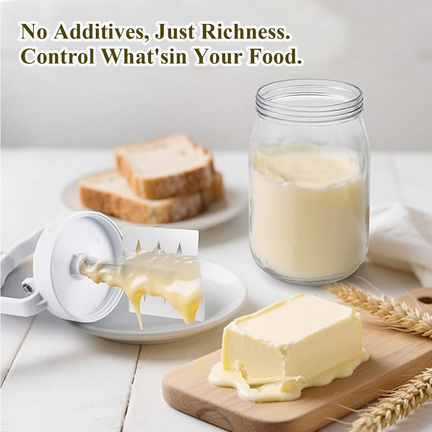 Manual Glass Butter Churn, White, Stainless Steel Mixing Blades, Hand Crank Design, 15-Minute Homemade Butter Maker, No Additives