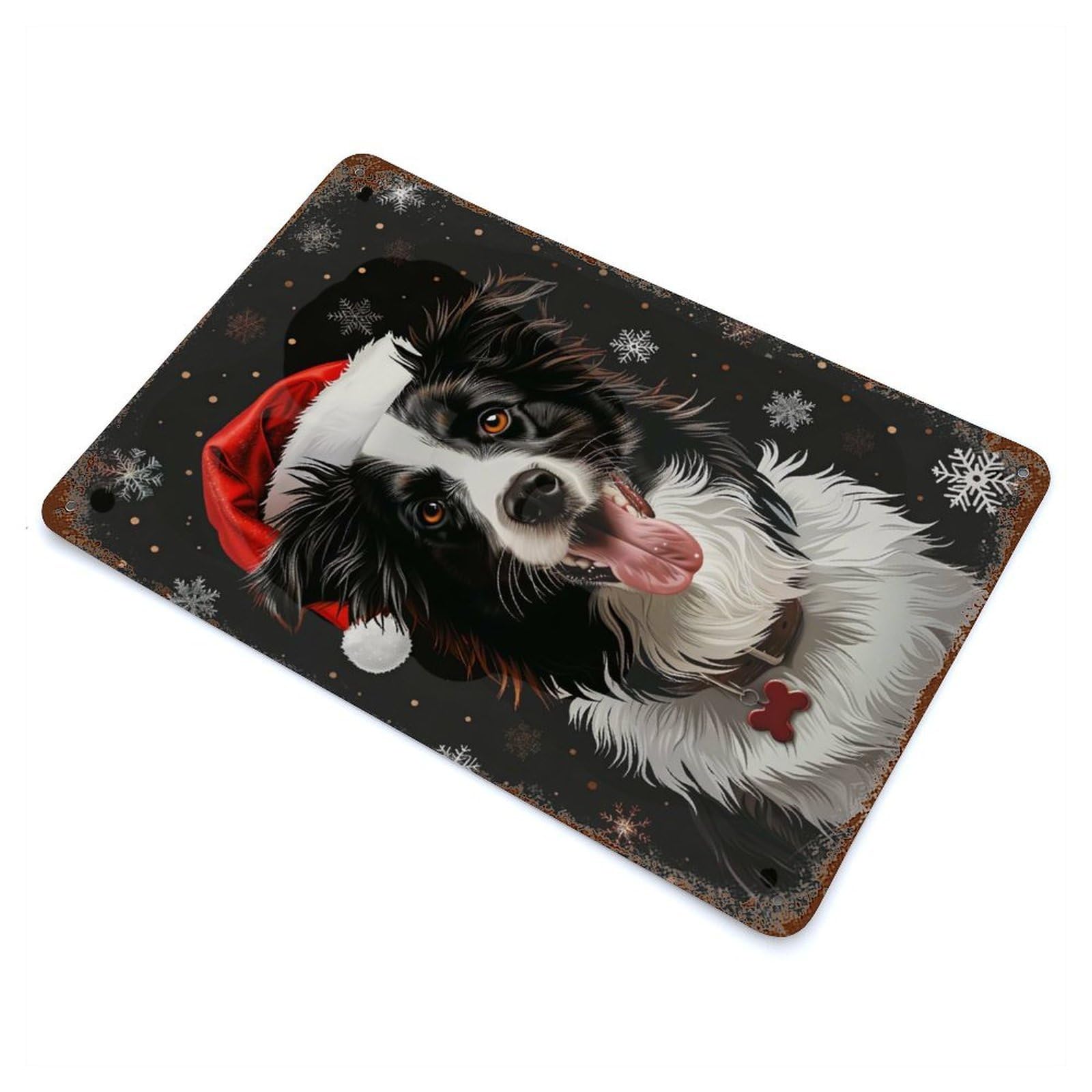 Border Collie Christmas Aged Metal Wall Plaque 11.8"x7.9", Ideal for Garage, Bar And Workshop Decor