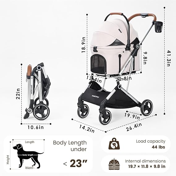 T3 Pro Small Dog Stroller (Beige) | Detachable Carrier, Aluminum Alloy Frame, Easy Assembly, Easy to Store, Larger Rear Wheel, Large Storage Basket