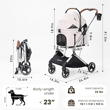 T3 Pro Small Dog Stroller (Beige) | Detachable Carrier, Aluminum Alloy Frame, Easy Assembly, Easy to Store, Larger Rear Wheel, Large Storage Basket